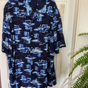 Puritan Men’s Shirt XL (46-48) Rayon Short Sleeve Blue with Vintage Trucks Show